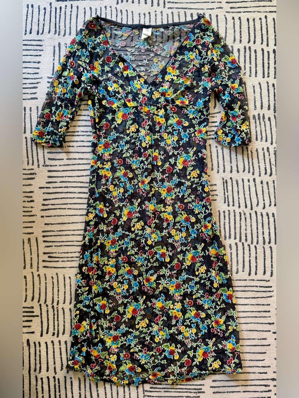 Vintage Floral Black Mesh Dress - Multicolor